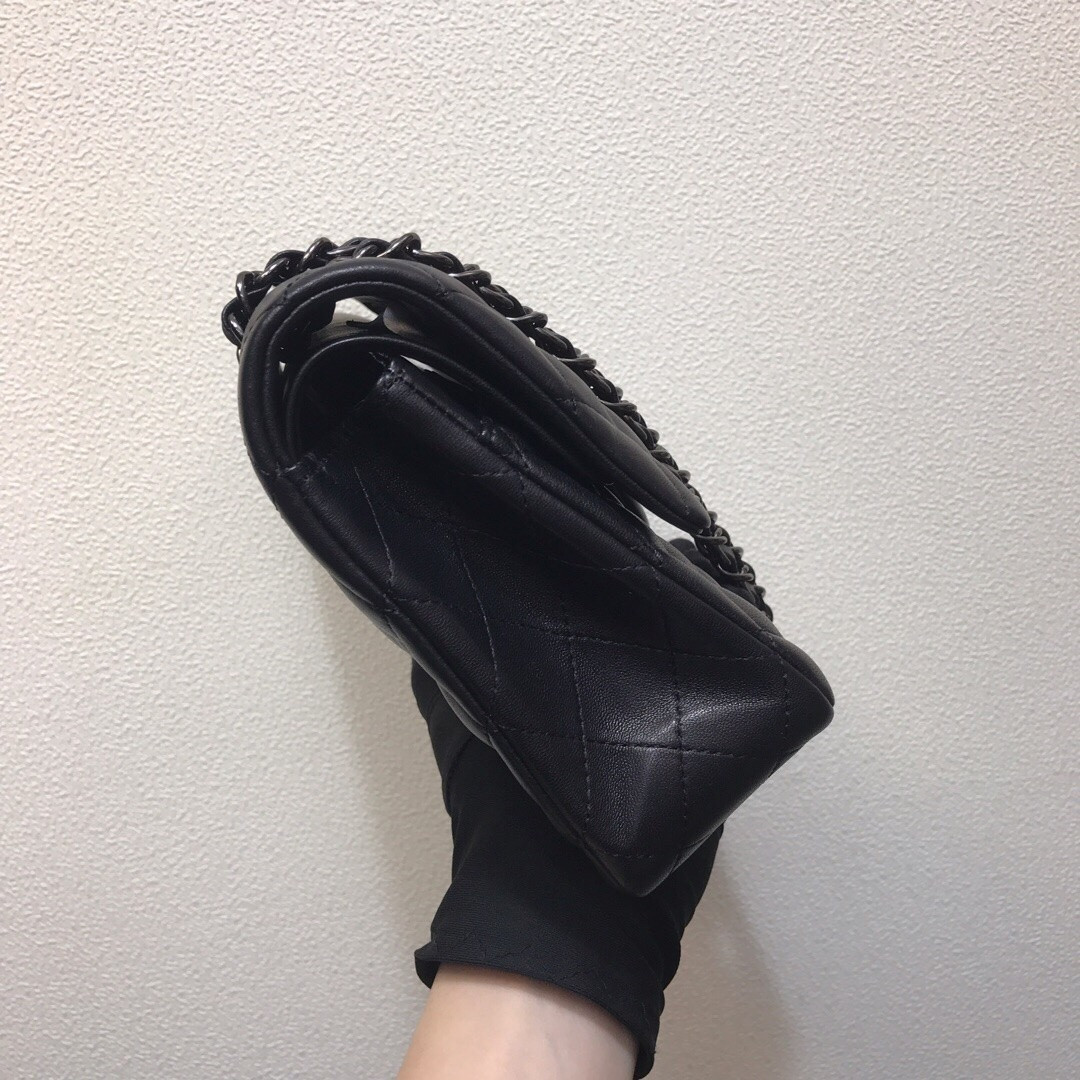 Ch*el crumpled calfskin quited double flap black 15.5x25.5x6.5cm