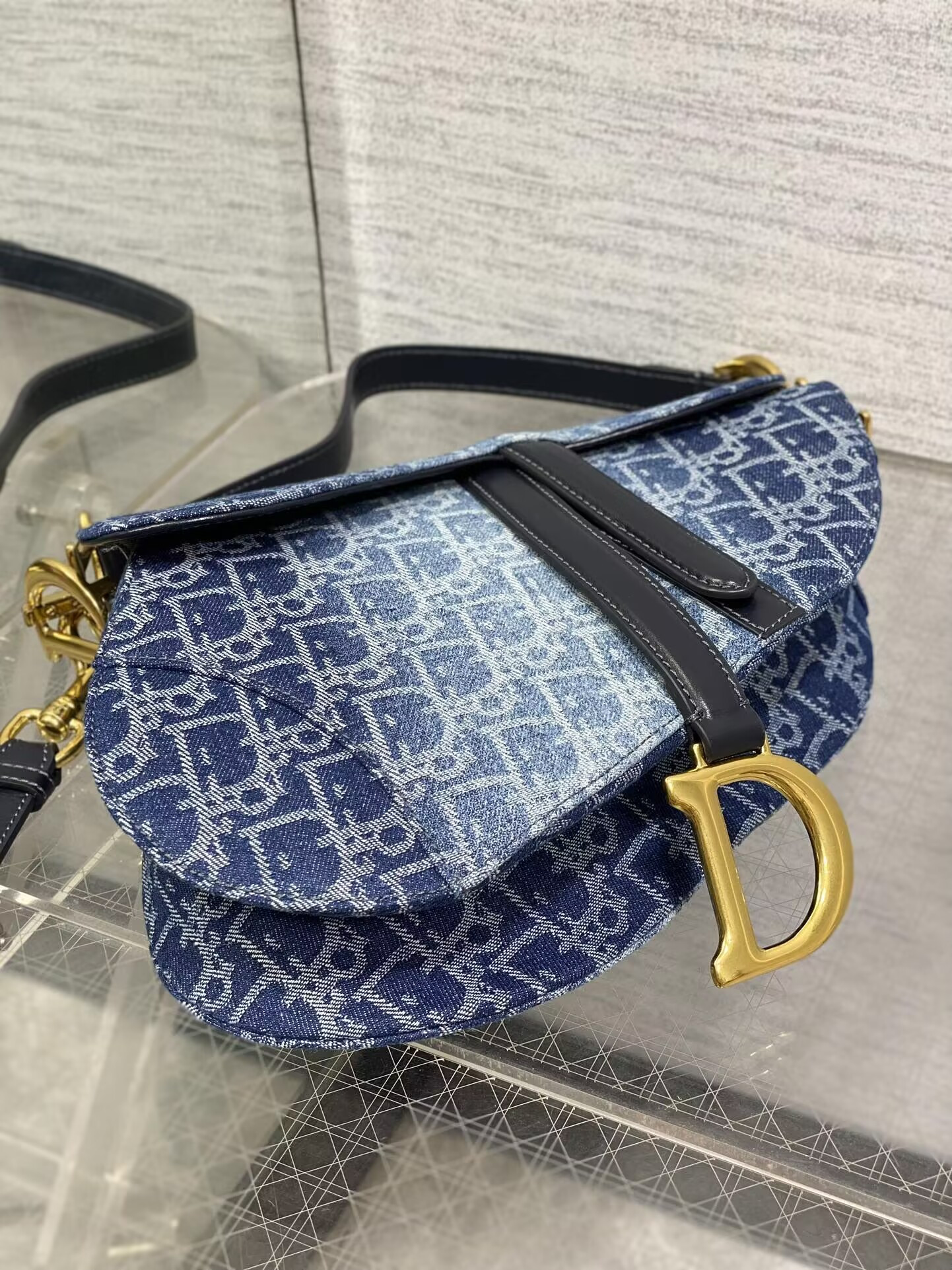 D*or saddle bag with strap blue denim D*or oblique jacquard 25.5 x 20 x 6.5 cm