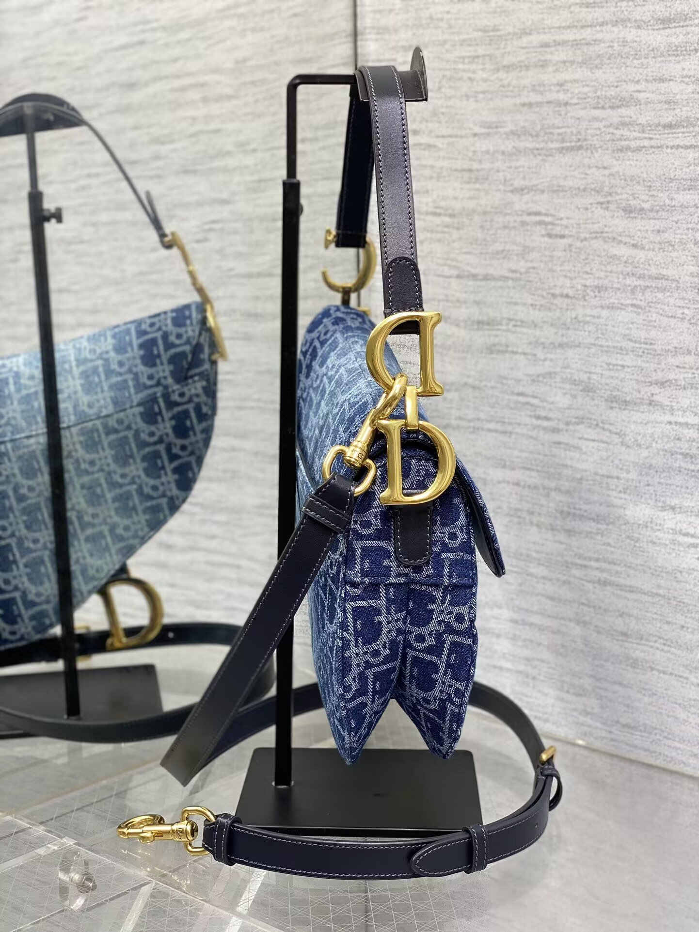 D*or saddle bag with strap blue denim D*or oblique jacquard 25.5 x 20 x 6.5 cm