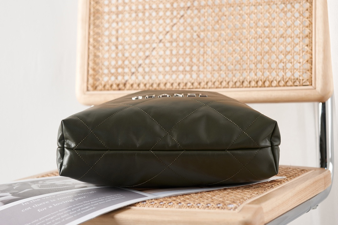 Ch*el 22 small handbag shiny calfskin & silver metal black 13.7×14.4×2.7 in