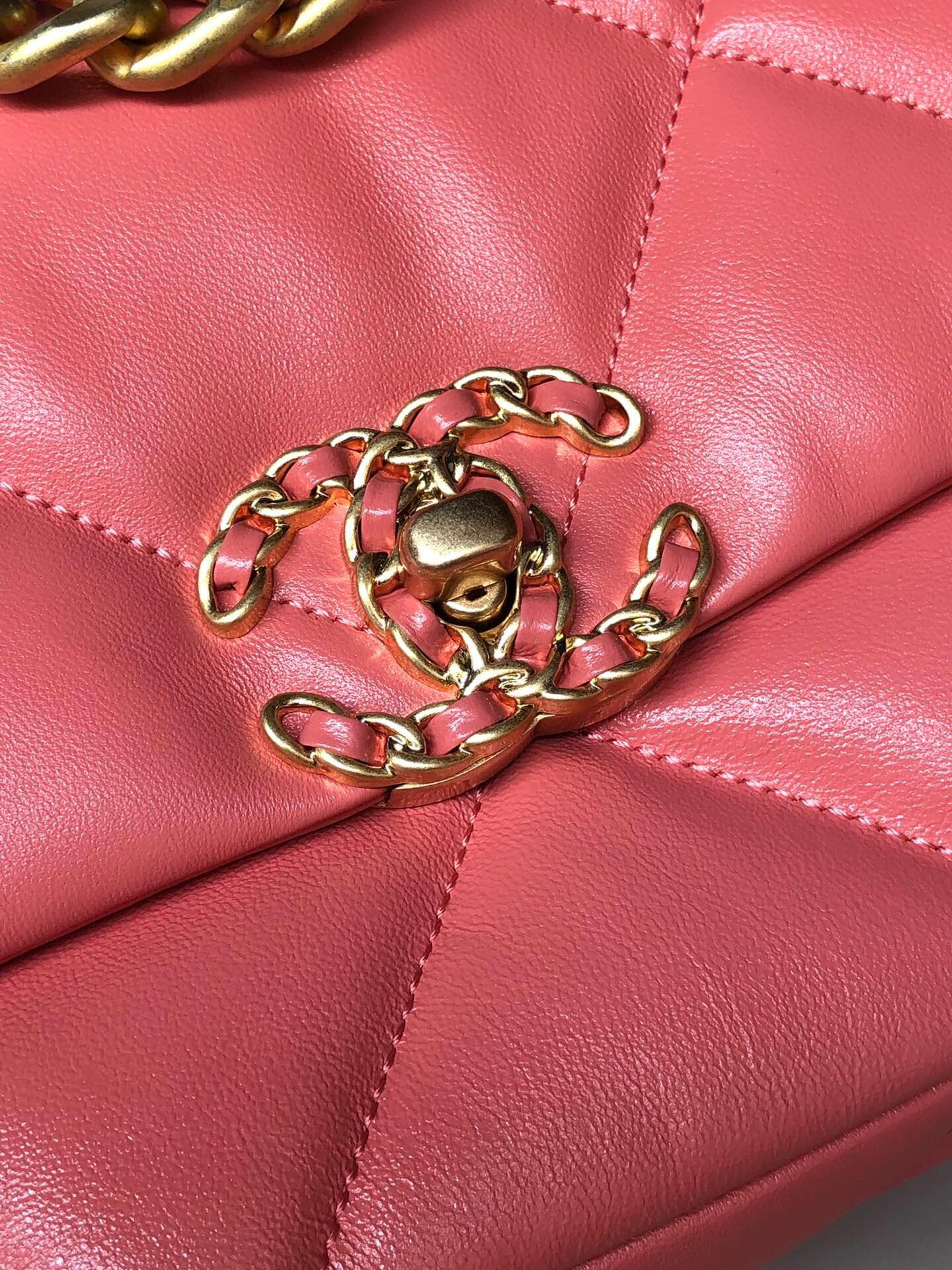 Ch*el 19 handbag shiny pink gold-tone, silver-tone & ruthenium-finish metal 6.2 × 10.1 × 3.5 in