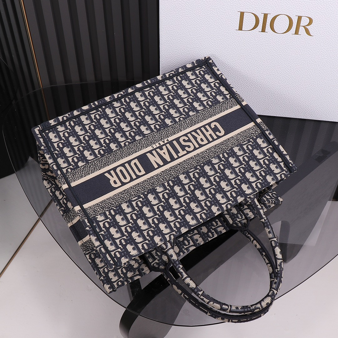 medium D*or book tote ecru and blue D*or oblique embroidery 14 x 11 x 6.5 inches