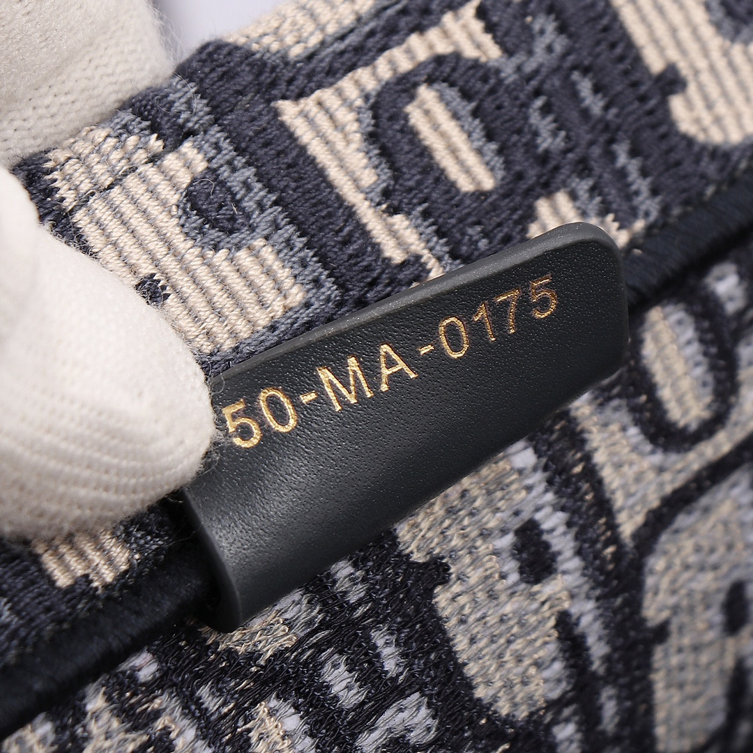 medium D*or book tote ecru and blue D*or oblique embroidery 14 x 11 x 6.5 inches