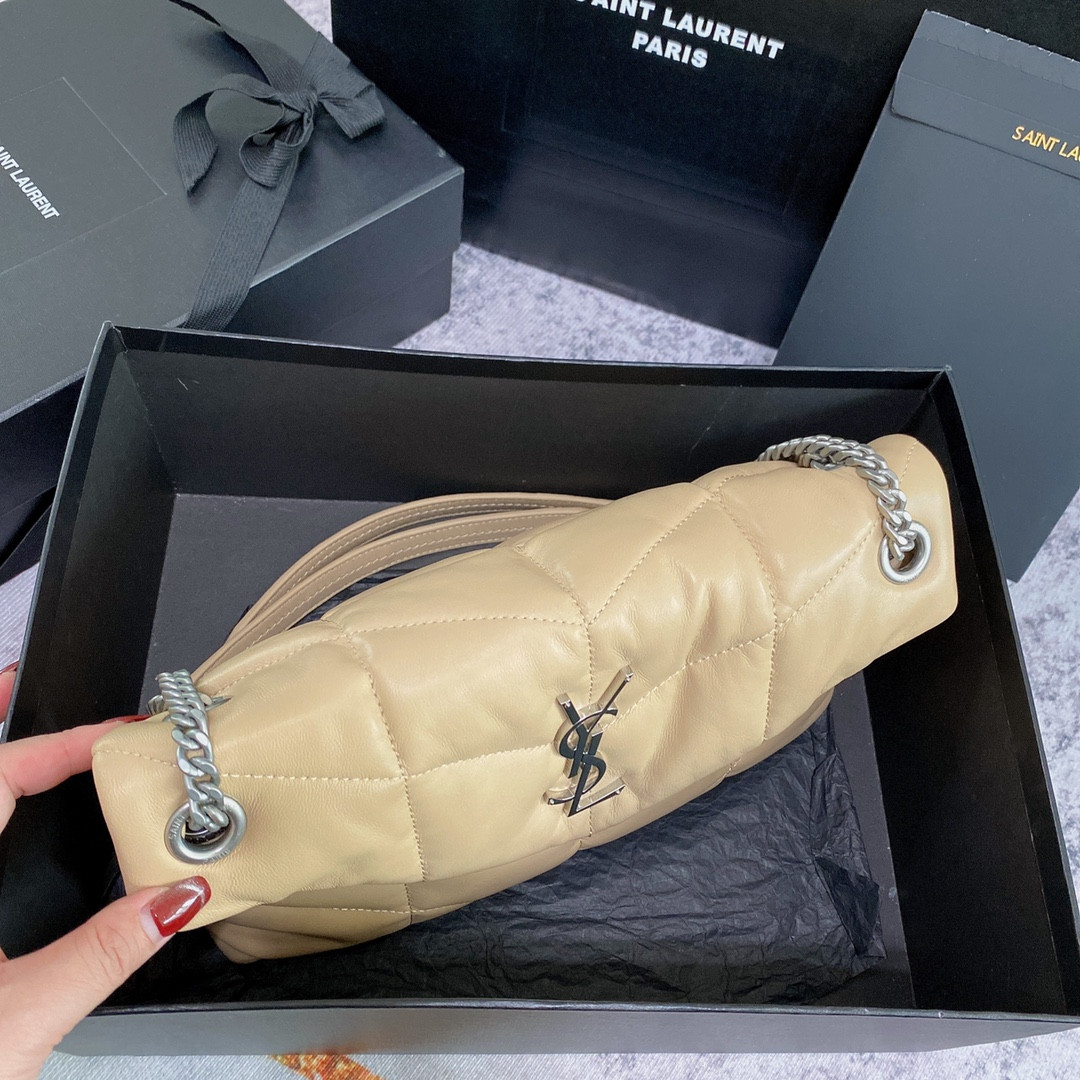 Y*L puffer small in nappa leather beige silver 11.4 x 6.6 x 4.3 inches