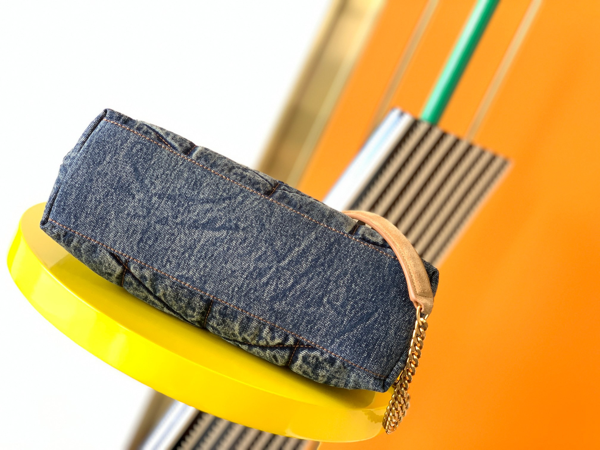 Y*L puffer small in suede and denim light blue 11.4 x 6.6 x 4.3 inches