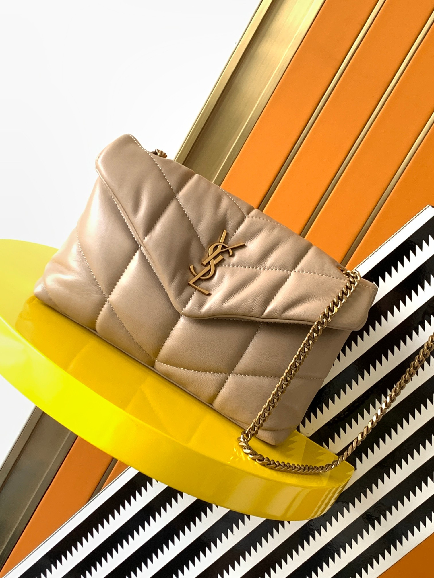 Y*L puffer medium in nappa leather dark beige 13.7 x 9 x 5.3 inches