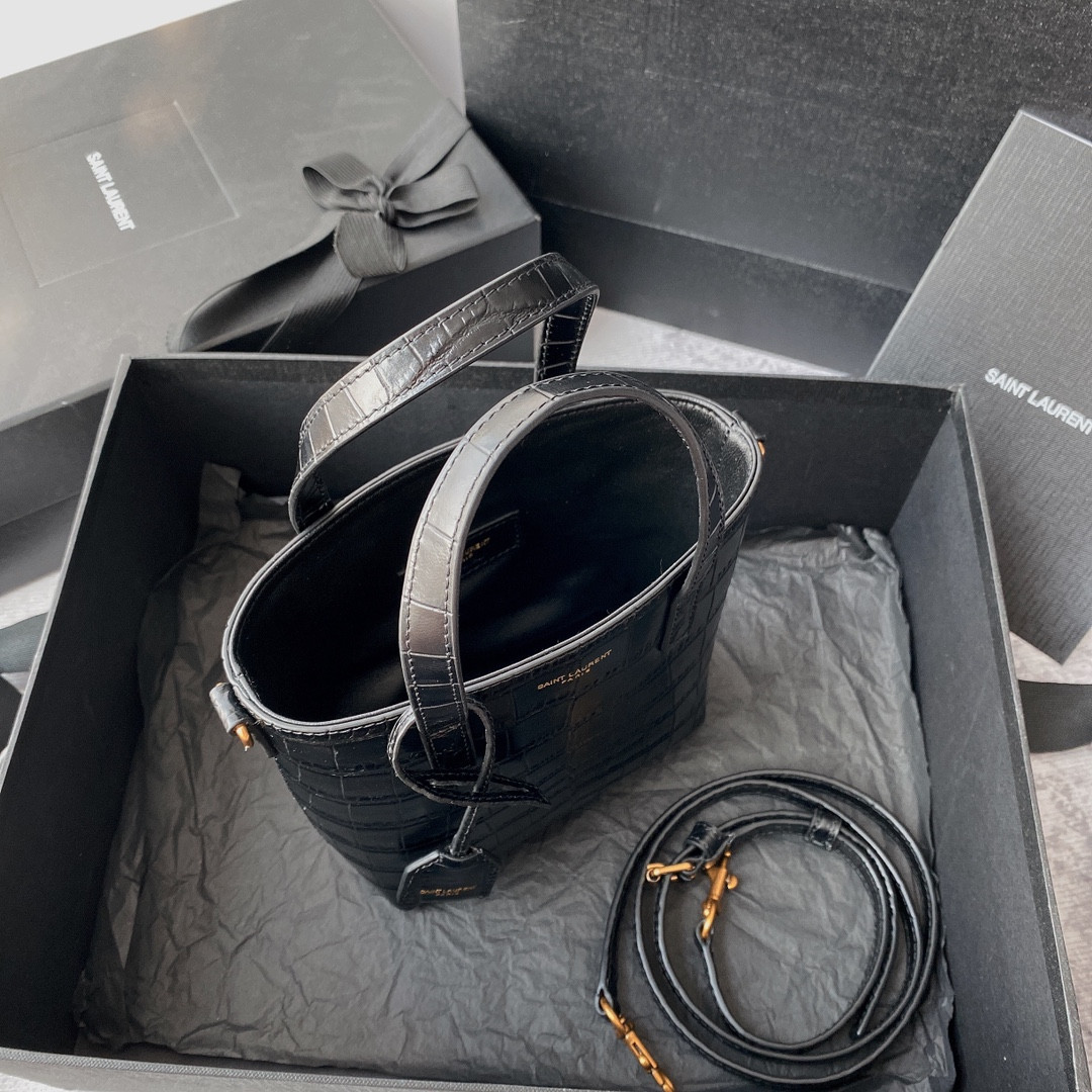 y*l Sa**t Lau*nt paris mini toy shopping in crocodile-embossed leather black 7.1 x 6.7 x 3.1 inches