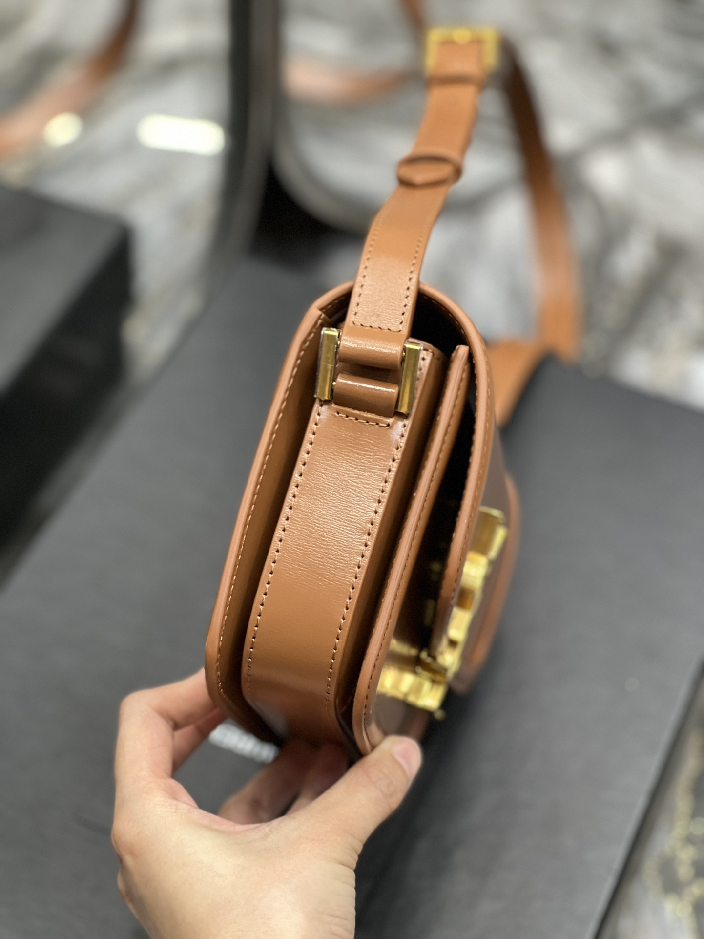 y*l solferino small satchel in box Sa**t Lau*nt brwon 7.4 x 5.1 x 1.9 inches