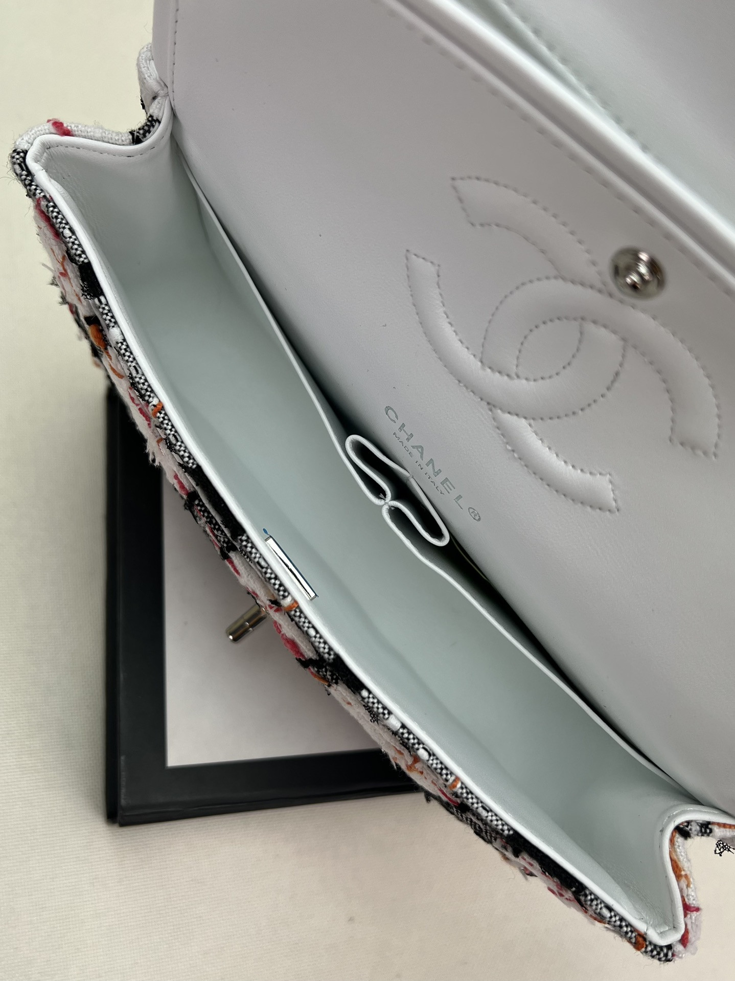 Ch*el classic 11.12 handbag tweed & silver-tone metal 6 × 9.9 × 2.5 in