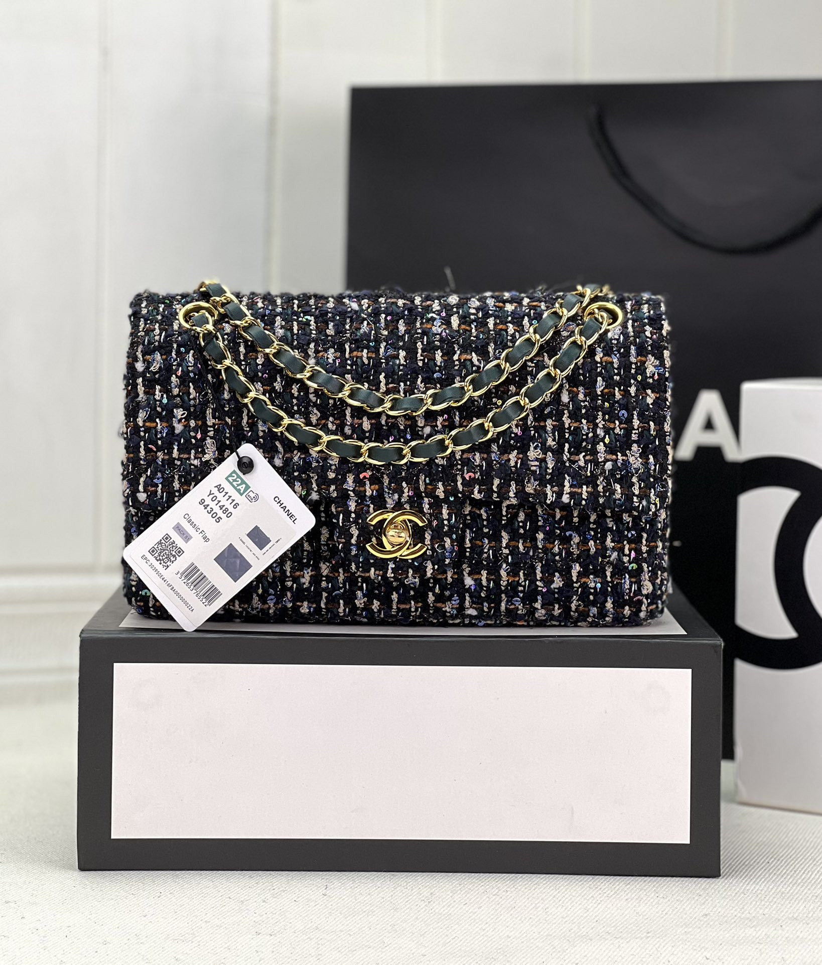 Ch*el classic 11.12 handbag tweed & gold-tone metal 6 × 9.9 × 2.5 in