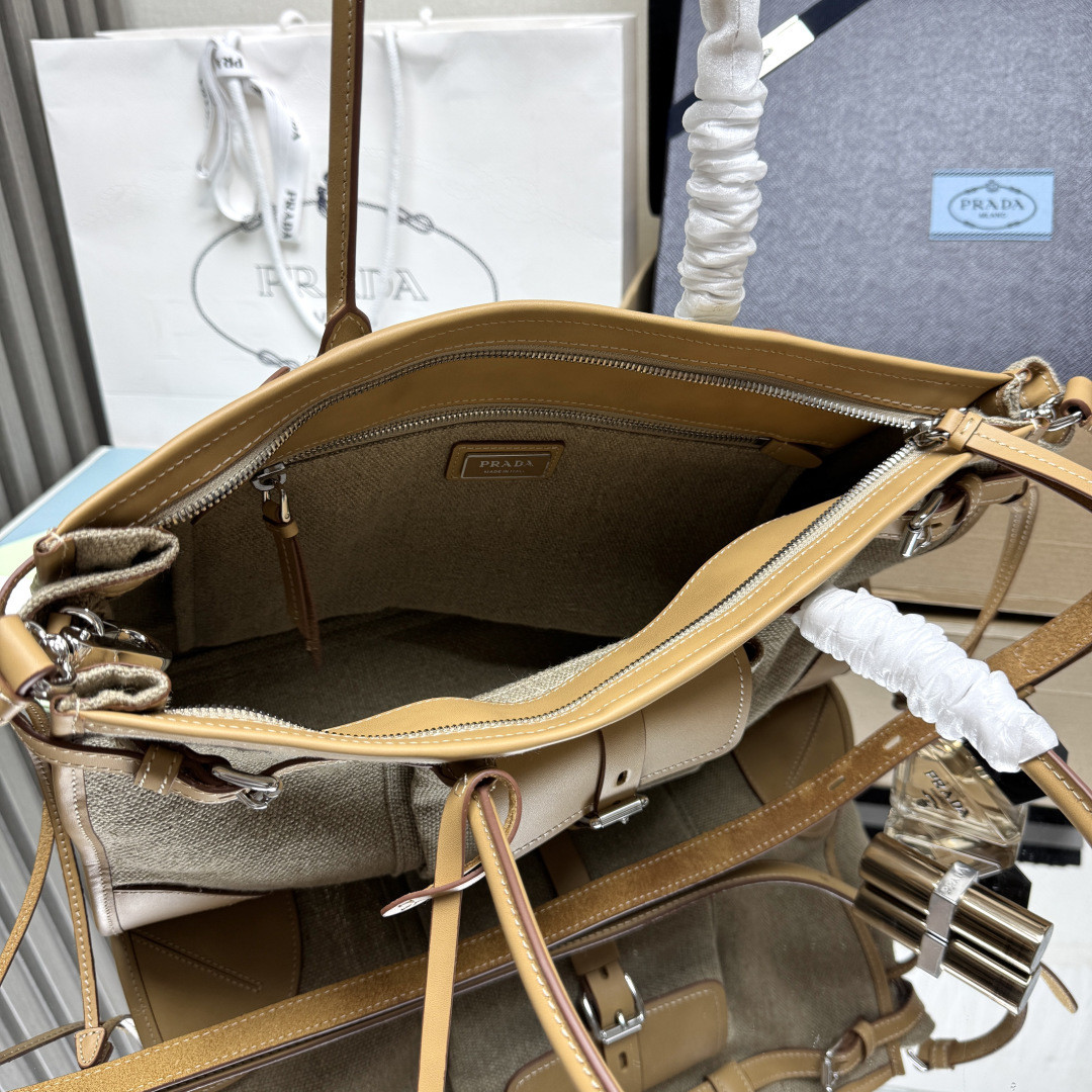 Pra*a bonnie linen and leather tote bag 24x38x12cm